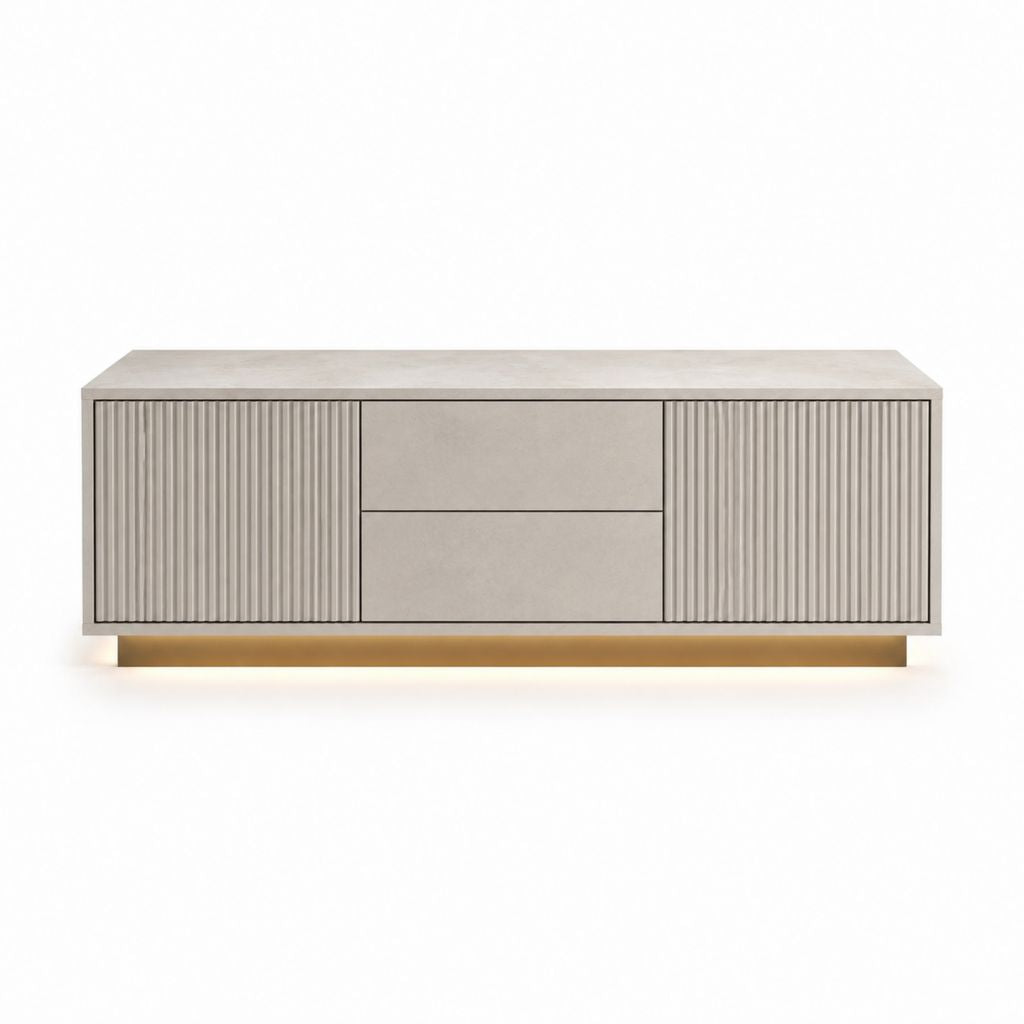 Meuble TV 180 cm beige en MDF mélaminé avec 2 portes rainurées et 2 tiroirs