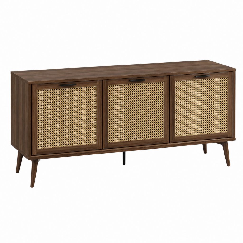 Meuble TV 3 portes brun noyer et cannage en rotin rectangulaire 160 x 40 x 75 cm
