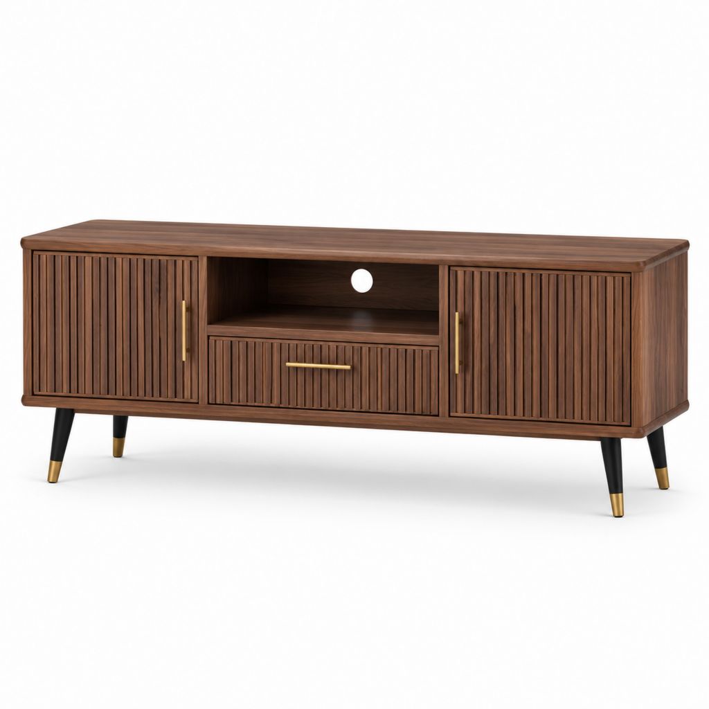Meuble TV 160 cm noyer en MDF plaqué rectangulaire avec 2 portes et 1 tiroir