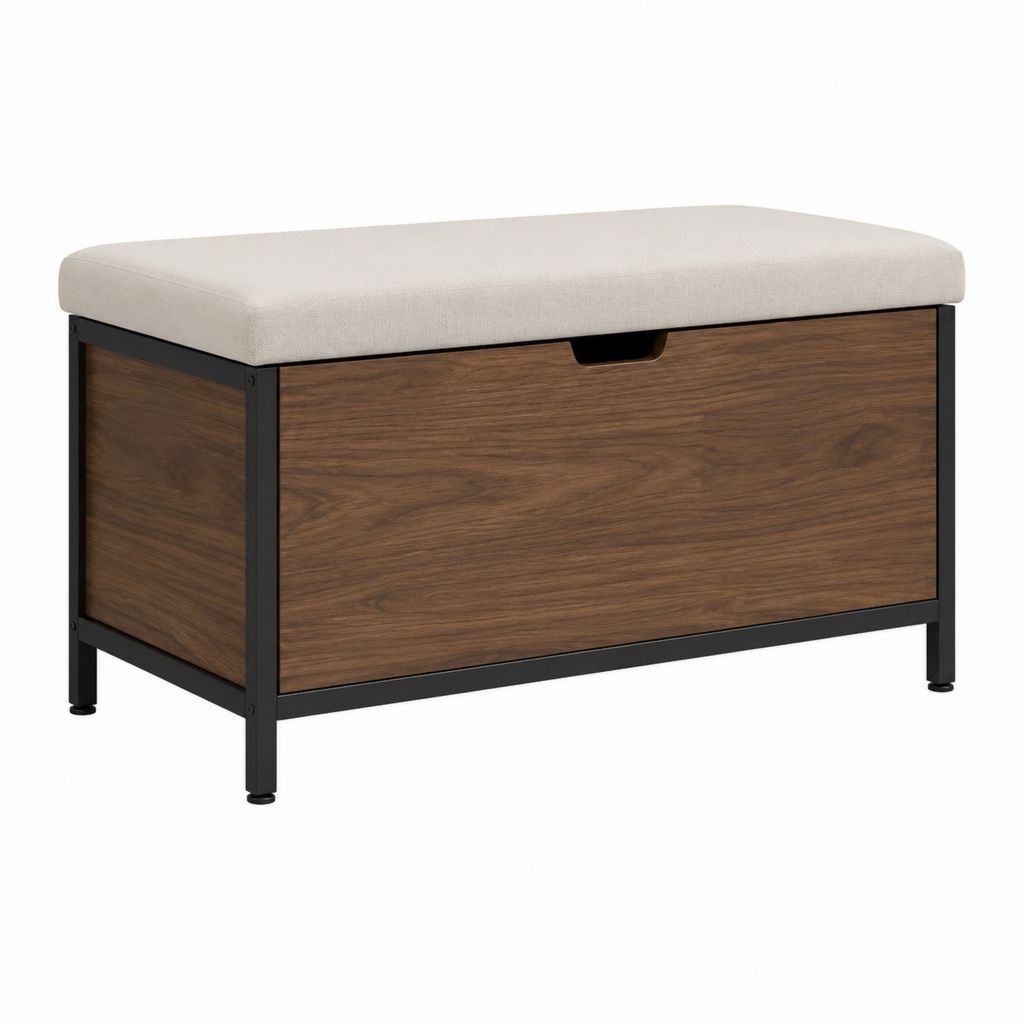 Banc de bout de lit avec rangement brun et beige en panneau MDF acier et polyester 100 x 40 x 50 cm