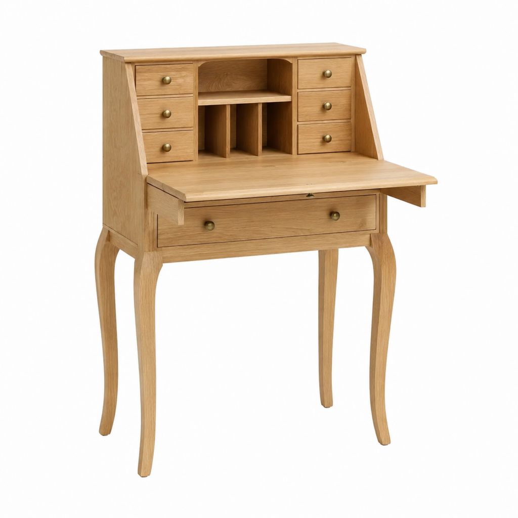 Bureau secrétaire classique en chêne naturel avec 7 tiroirs 80 x 45 x 110 cm
