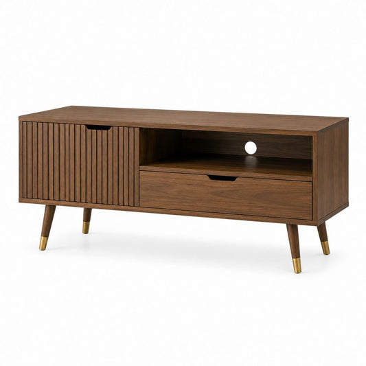 Meuble TV marron noyer en panneaux MDF 120 x 40 x 60 cm avec porte coulissante tiroir et passe-câbles