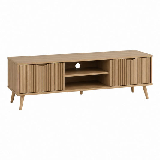 Meuble TV rectangulaire chêne en panneaux de particules 160 x 40 x 55 cm avec 2 portes et passe-câbles