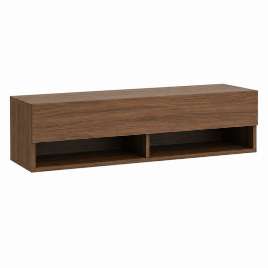 Meuble TV bas noyer en panneaux de particules 160 x 40 x 45 cm avec rangement fermé et niches ouvertes