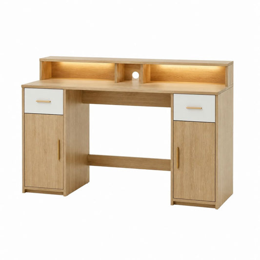 Bureau classique avec rangement chêne clair et blanc en panneaux de particules 140 x 60 x 105 cm