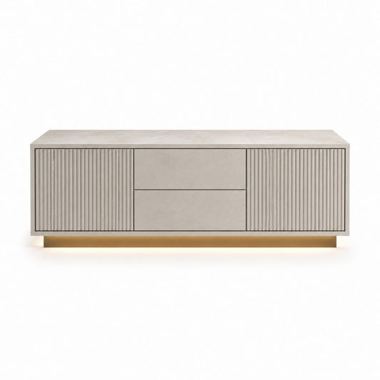 Meuble TV 180 cm beige en MDF mélaminé avec 2 portes rainurées et 2 tiroirs
