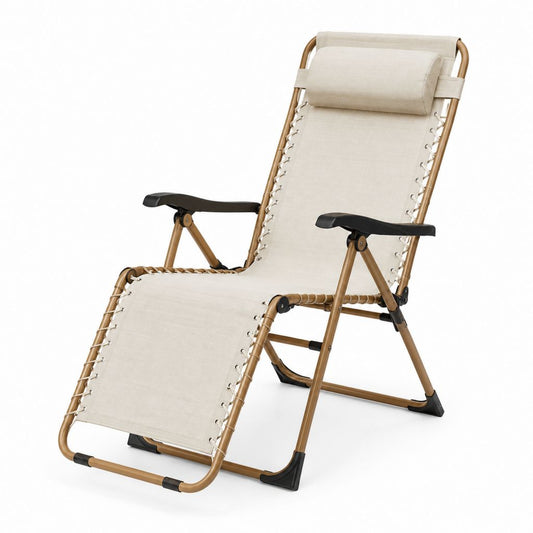 Fauteuil relax pliant inclinable beige en acier et polyester 90 x 65 x 110 cm