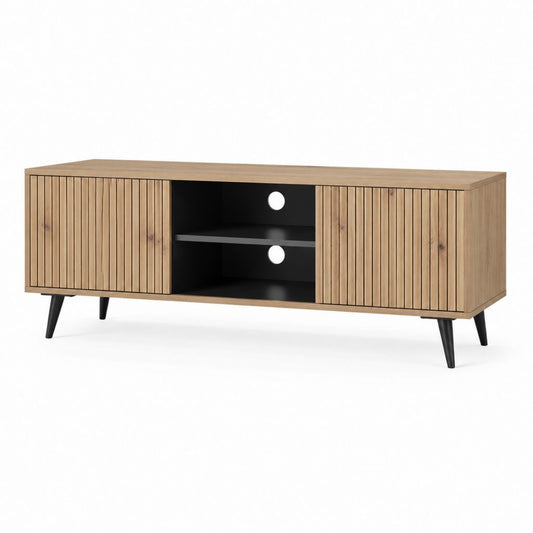 Meuble TV 160 cm chêne clair et noir en panneaux MDF avec 2 portes coulissantes