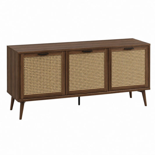 Meuble TV 3 portes brun noyer et cannage en rotin rectangulaire 160 x 40 x 75 cm