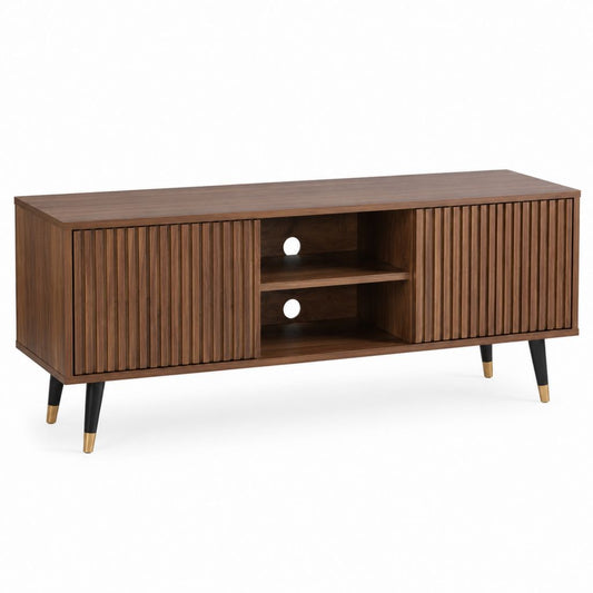 Meuble TV 160 cm noyer en MDF plaqué avec 2 portes coulissantes et 2 niches