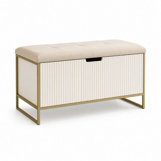 Banc coffre de rangement crème et doré en polyester MDF et acier 100 x 40 x 50 cm