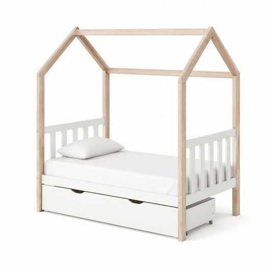 Lit cabane enfant avec tiroir blanc et pin massif 90 x 200 cm