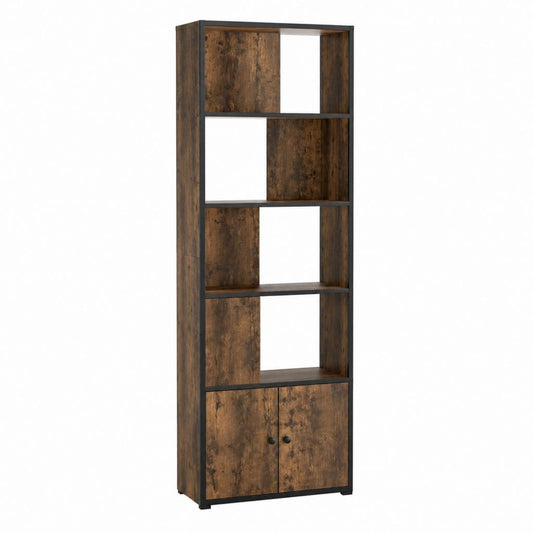 Bibliothèque haute industrielle marron rustique et noir en panneaux de particules 60 x 30 x 180 cm avec 2 portes