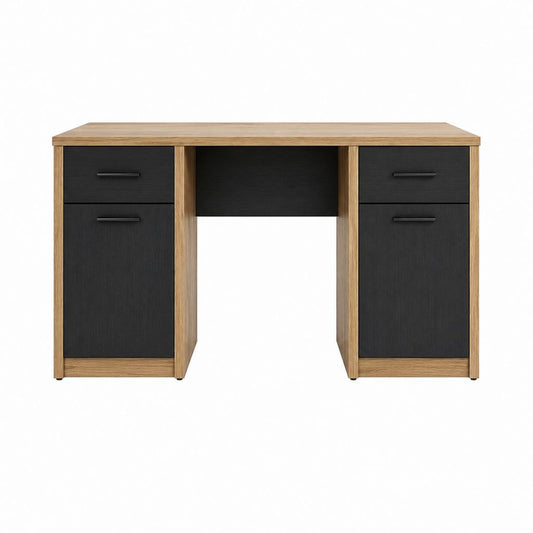 Bureau classique rectangulaire 120 x 60 x 75 cm chêne et noir en panneaux de particules mélaminés avec 2 tiroirs et 2 placards