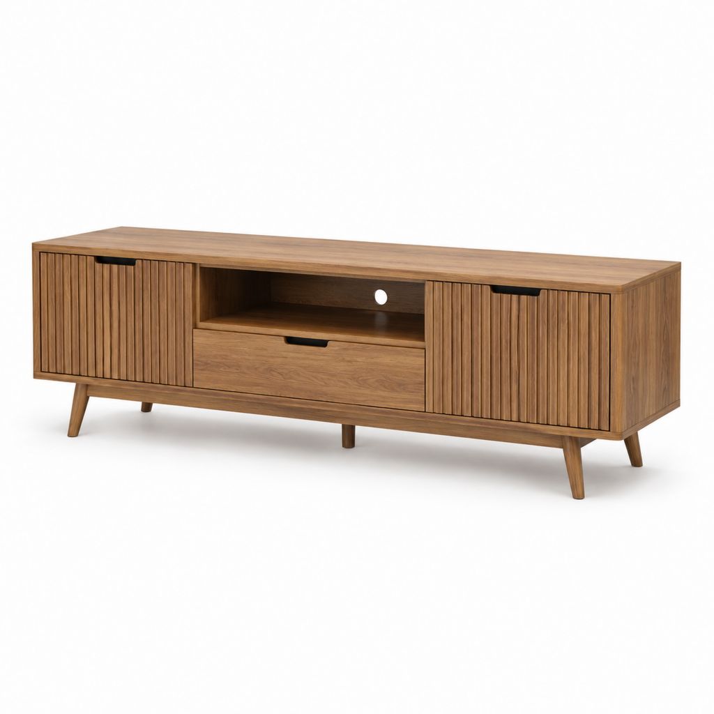 Meuble TV 180 cm noyer en MDF plaqué noyer rectangulaire avec 2 portes et tiroir L 180 x P 40 x H 55 cm