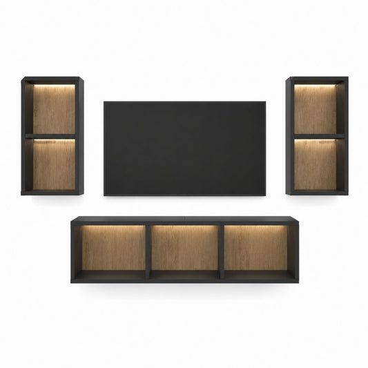 Ensemble meuble TV mural noir et décor chêne en panneaux MDF 240 x 180 x 30 cm avec éclairage LED