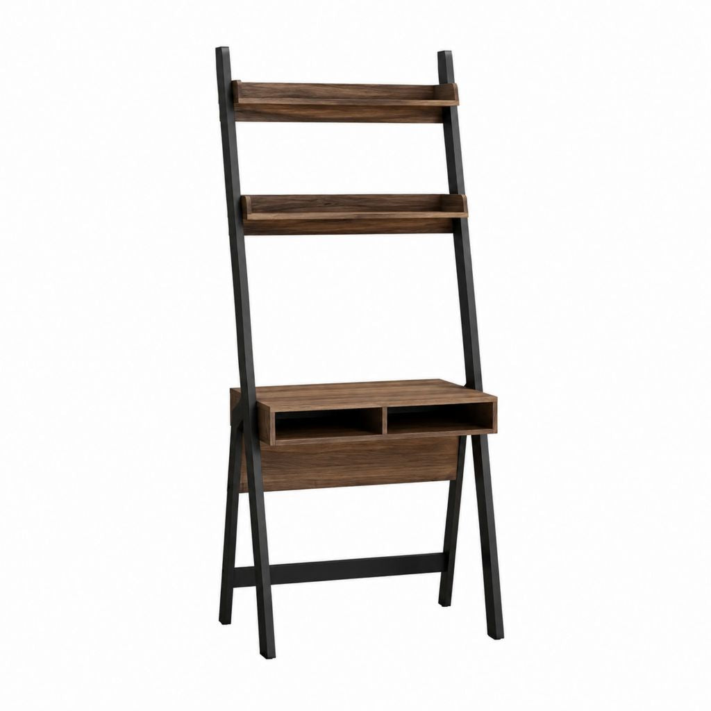 Bureau secrétaire avec étagères marron et noir en panneaux de particules et acier 80 x 55 x 180 cm