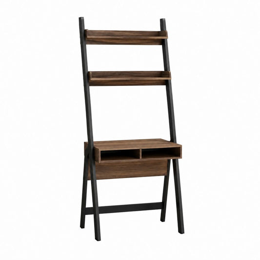 Bureau secrétaire avec étagères marron et noir en panneaux de particules et acier 80 x 55 x 180 cm