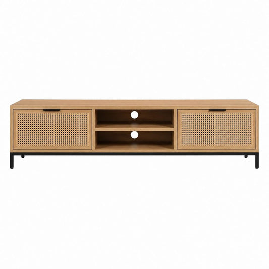 Meuble TV bas chêne naturel et rotin avec rangement 160 x 40 x 55 cm