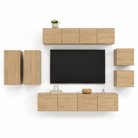 Ensemble meuble TV mural 9 éléments chêne clair panneaux de particules mélaminés 300 x 200 x 35 cm